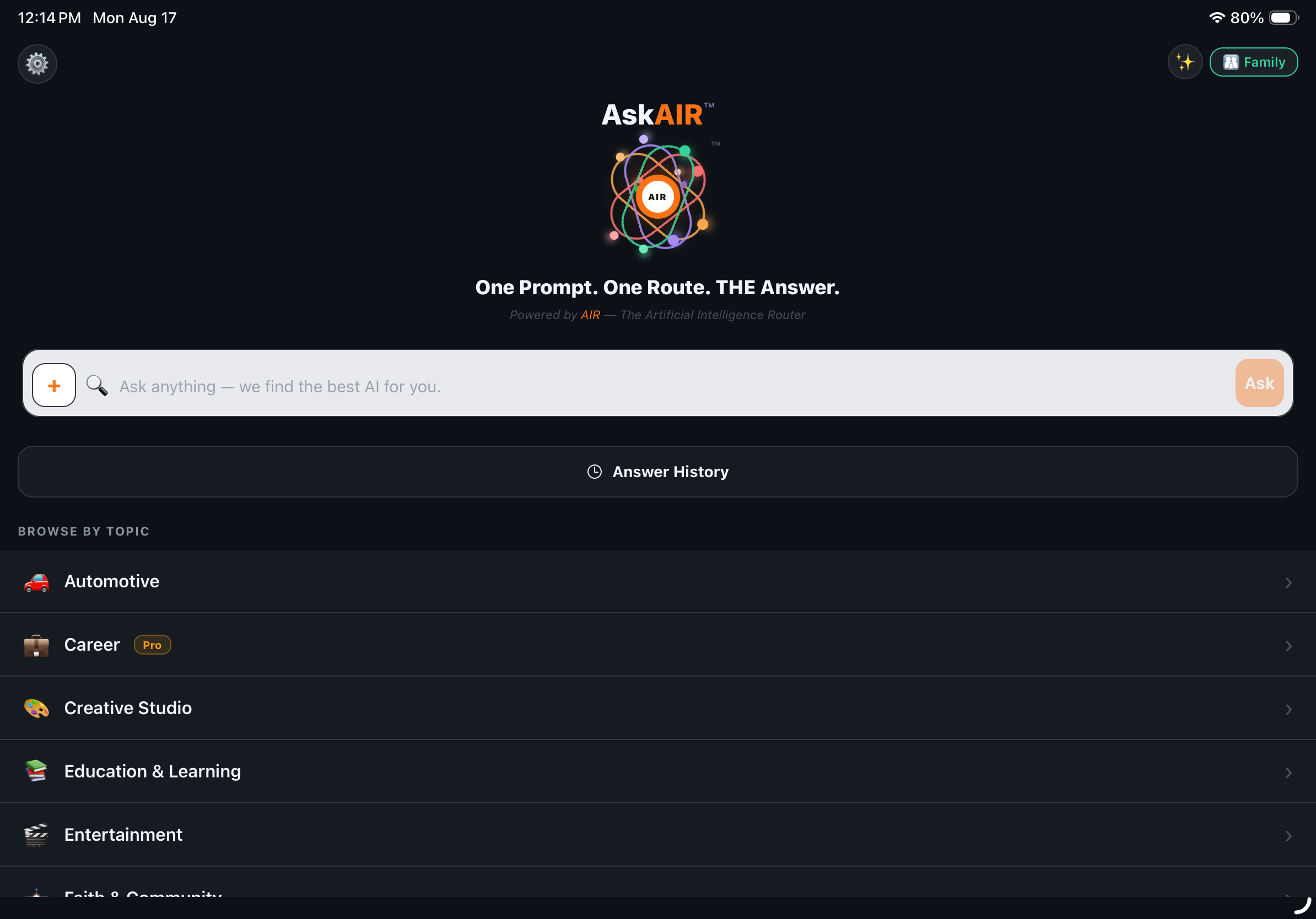 AskAIR home screen