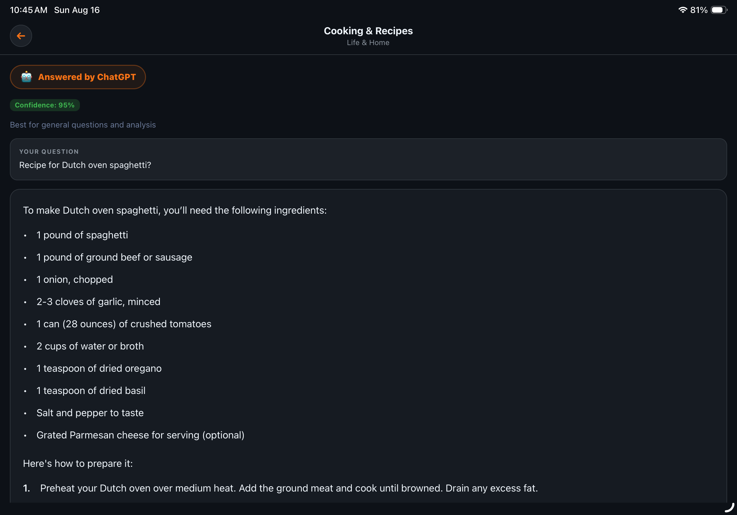 AskAIR answering a recipe question