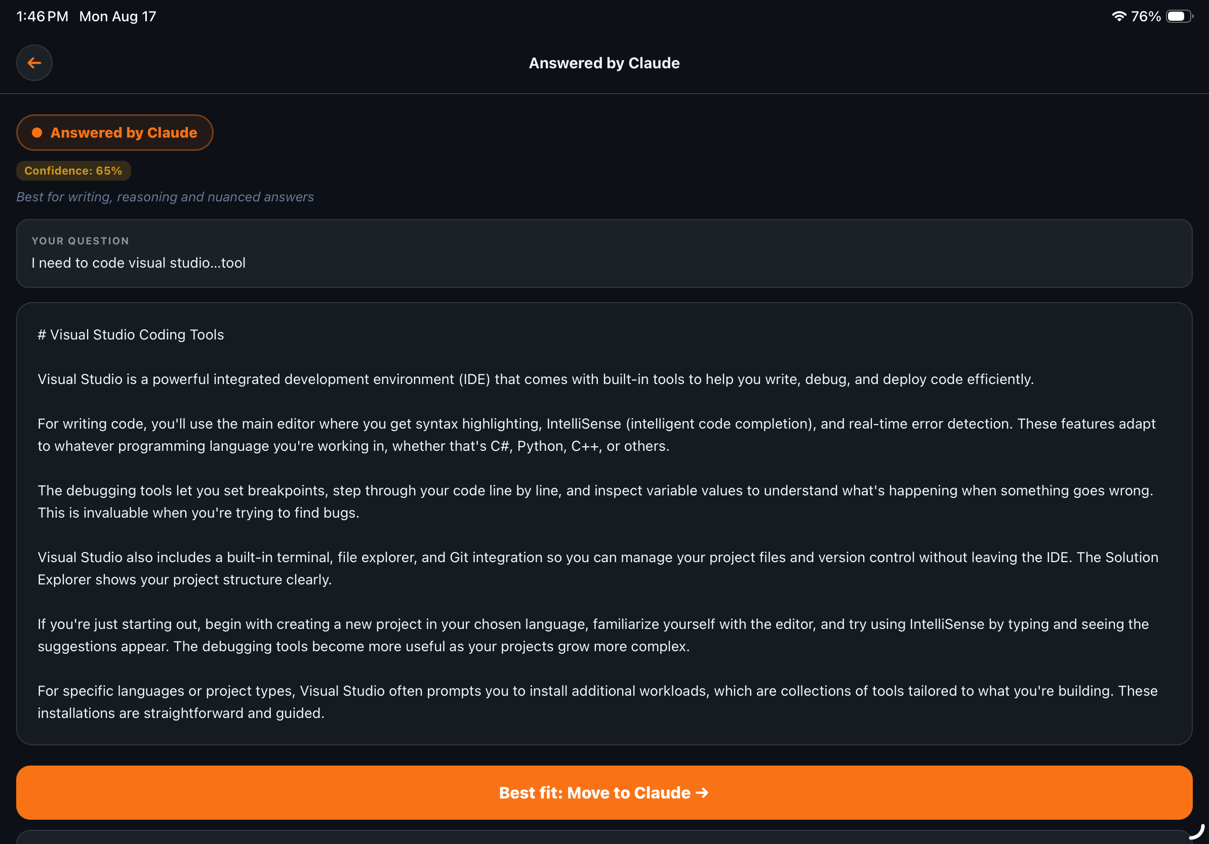 DashboardAIR answering a coding question with Claude