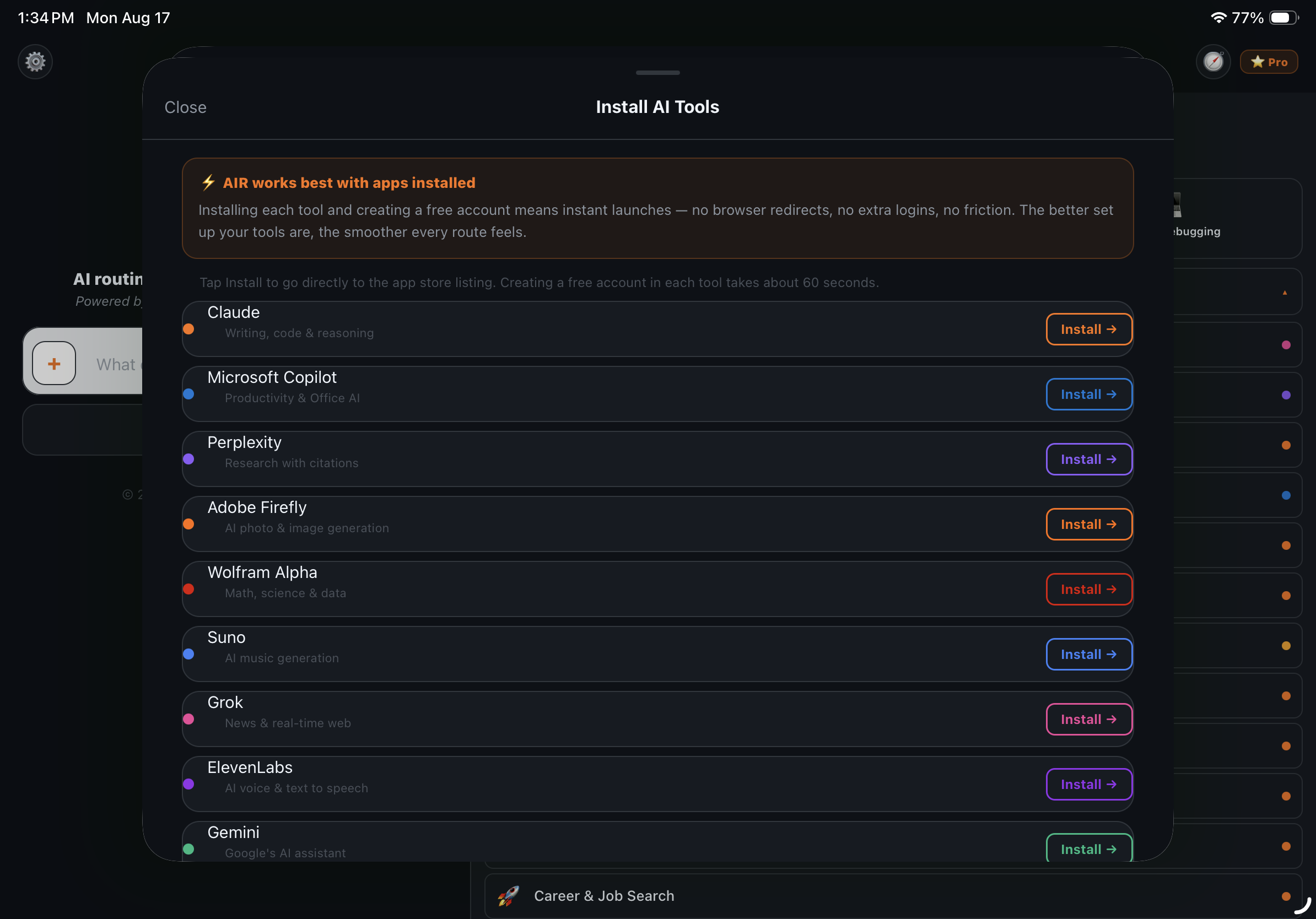 DashboardAIR Install AI Tools screen