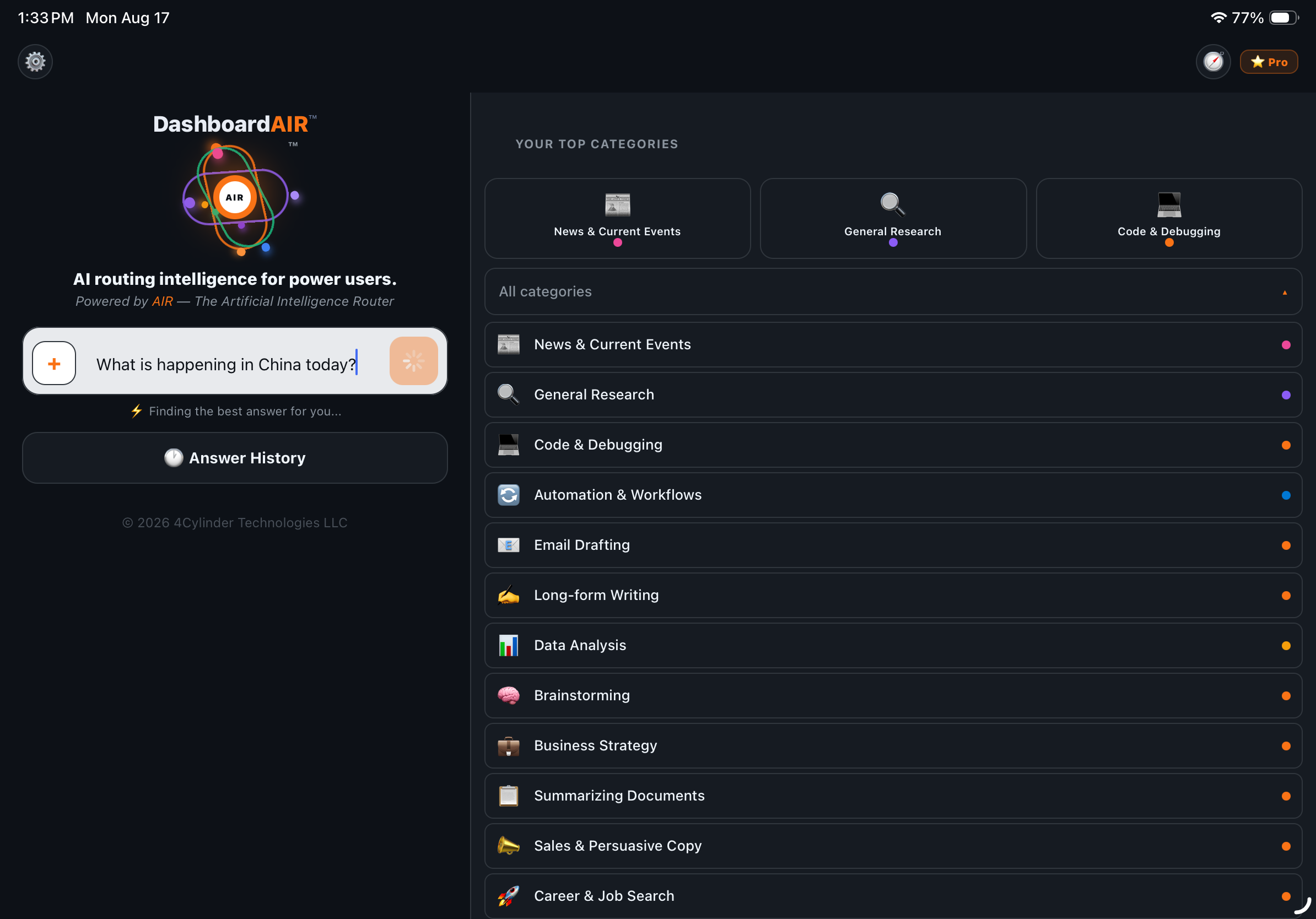 DashboardAIR routing a question