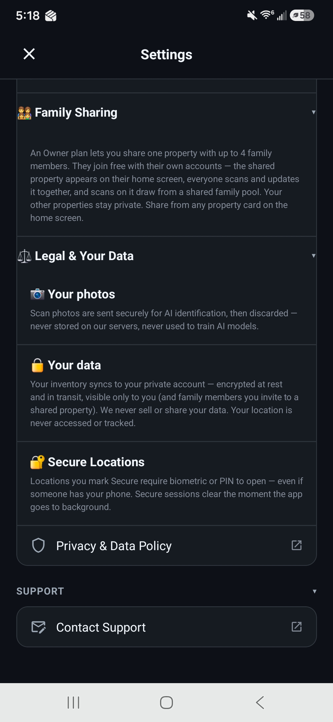 MyOwnIQ Family Sharing settings